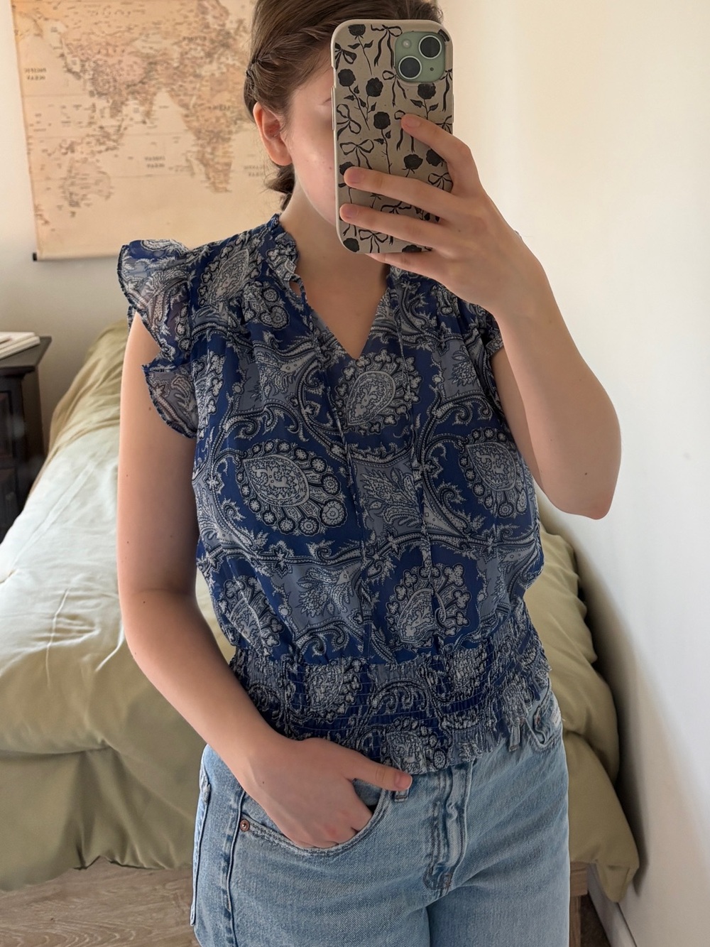 Navy Paisley Flutter-Sleeve Smocked Waist Blouse